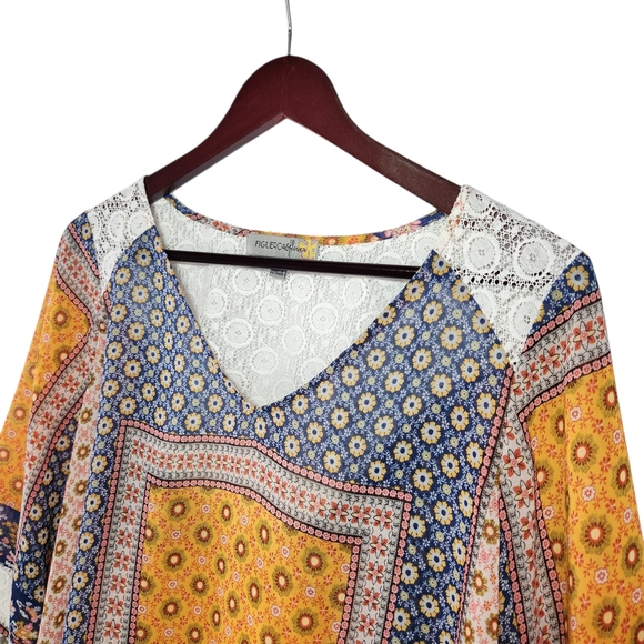Figueroa & Flower Boho Patchwork Lace Trim Blouse Small V-Neck Flowy Festival - Picture 2 of 16